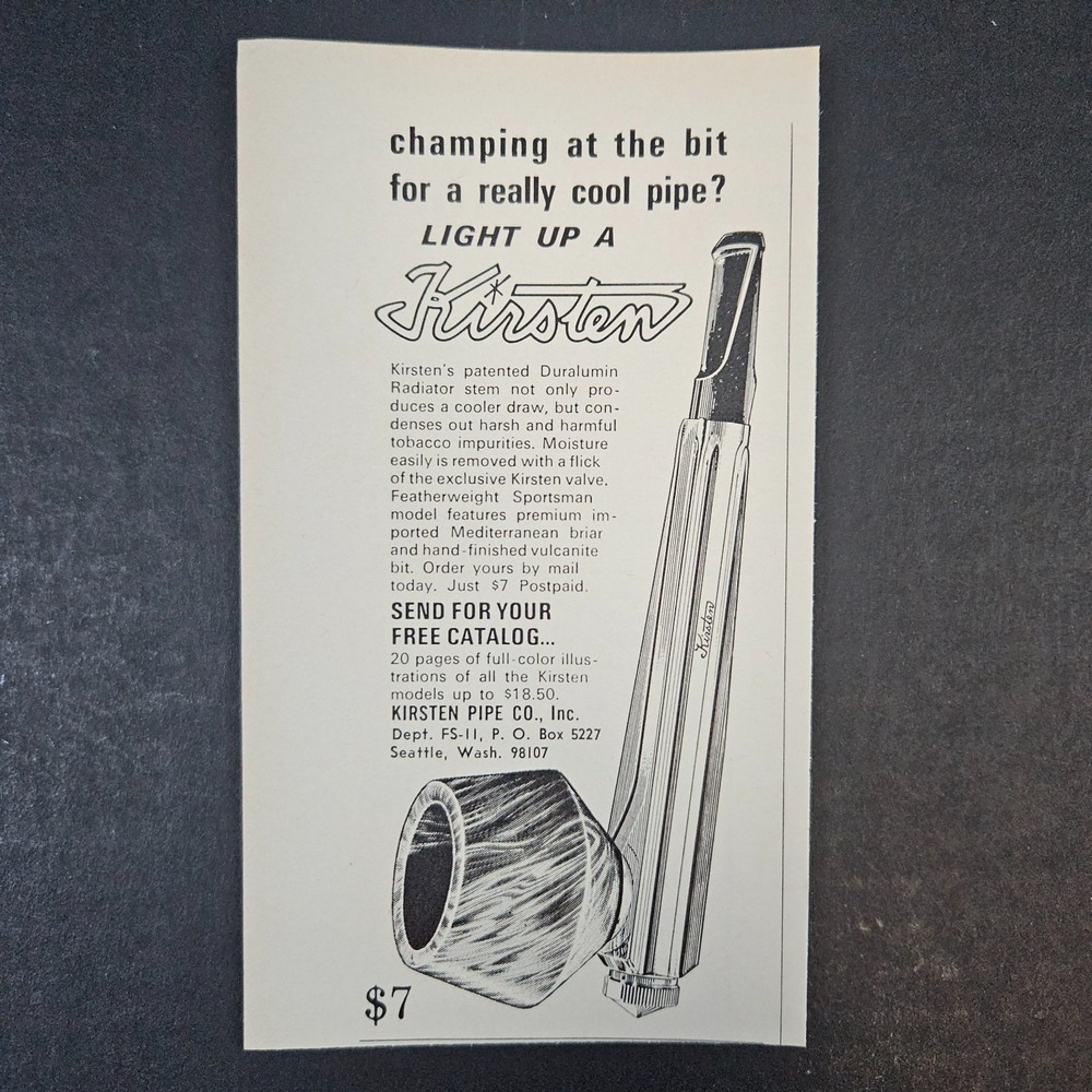 1966 Kirsten Pipe Co Duralumin Radiator Stem Vintage Print Ad Seattle WA Briar